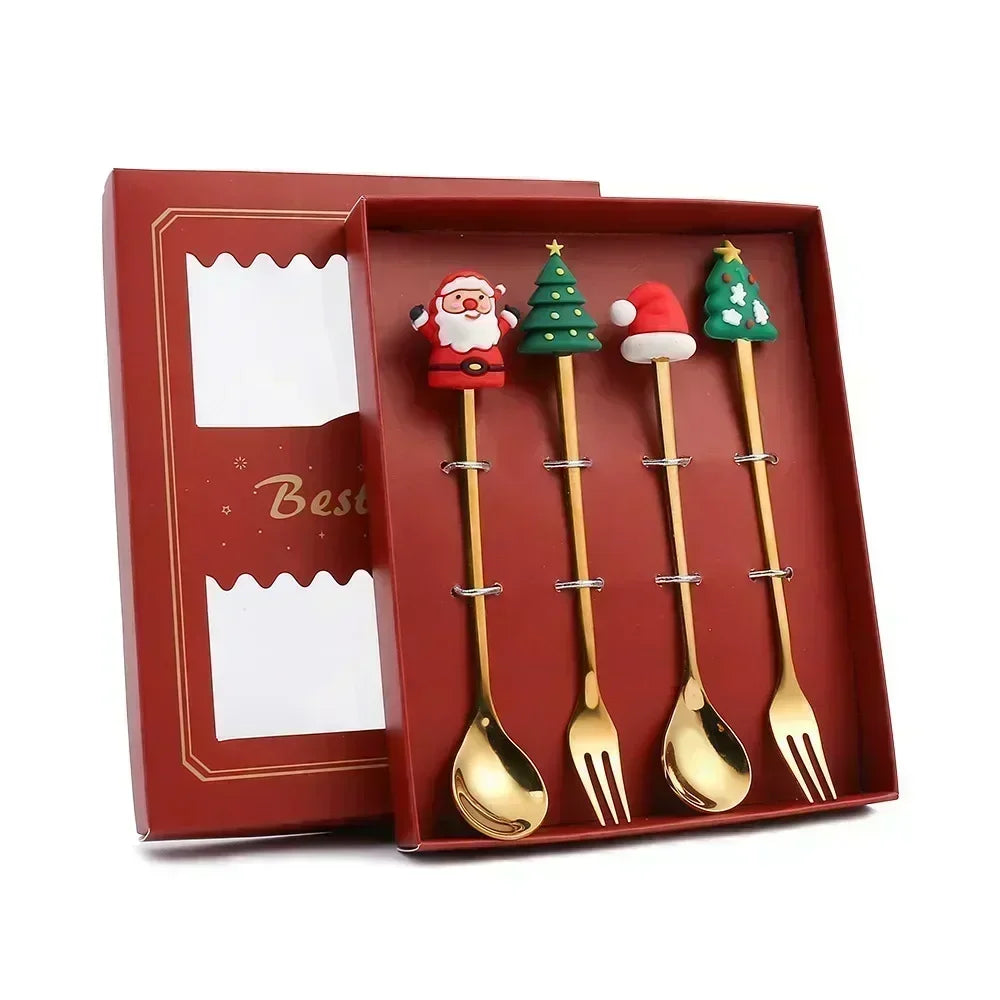 4-Piece Stainless Steel Christmas Cutlery Set – Spoon & Fork Holiday Table Decor with Elk & Tree Ornaments