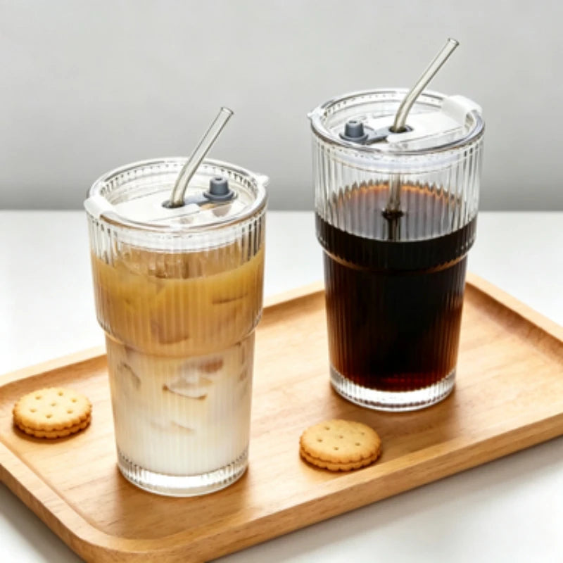 Vertical Ribbed Glass Tumbler 600ml (20.3 fl oz) with Lid & Straw — High-Temperature Resistant, Leak-Proof Office Coffee Cup