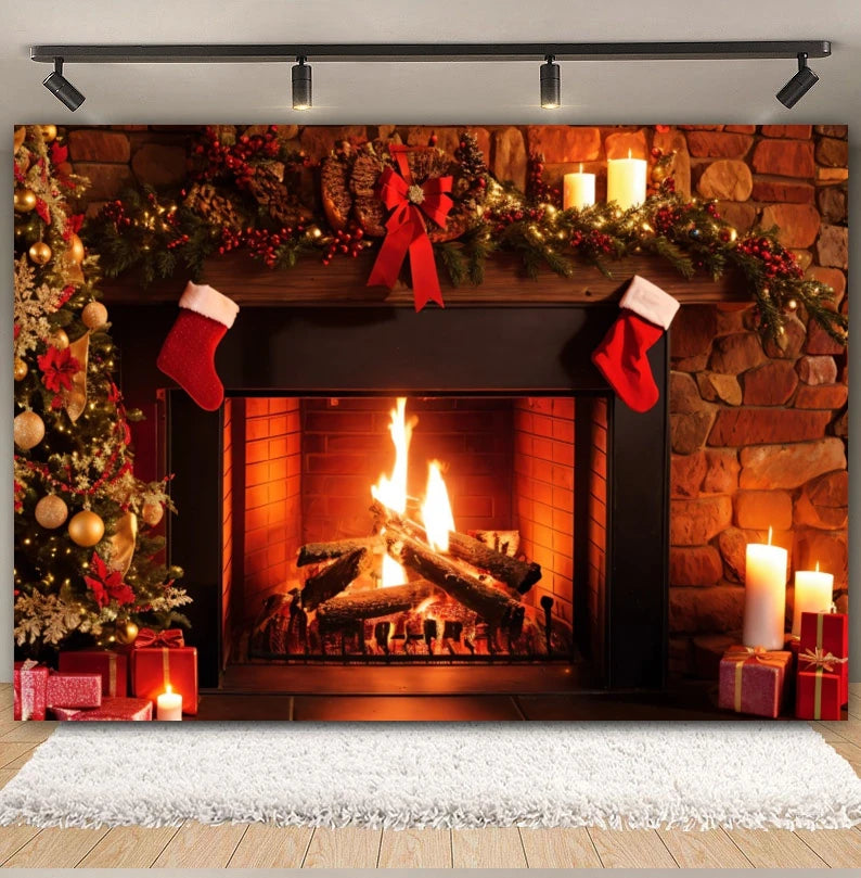 Christmas Fireplace Photography Backdrop - Burning Firewood Flame Brick Wall Photo Studio Background