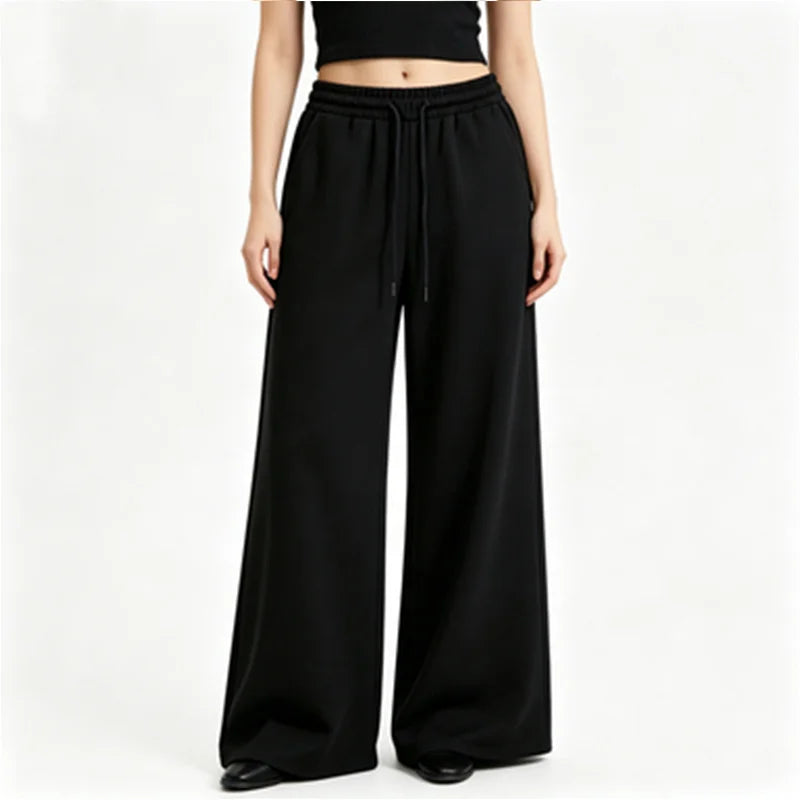 Harajuku Wide-Leg Sweatpants for Women – Oversized High-Waist Gray Drawstring Joggers