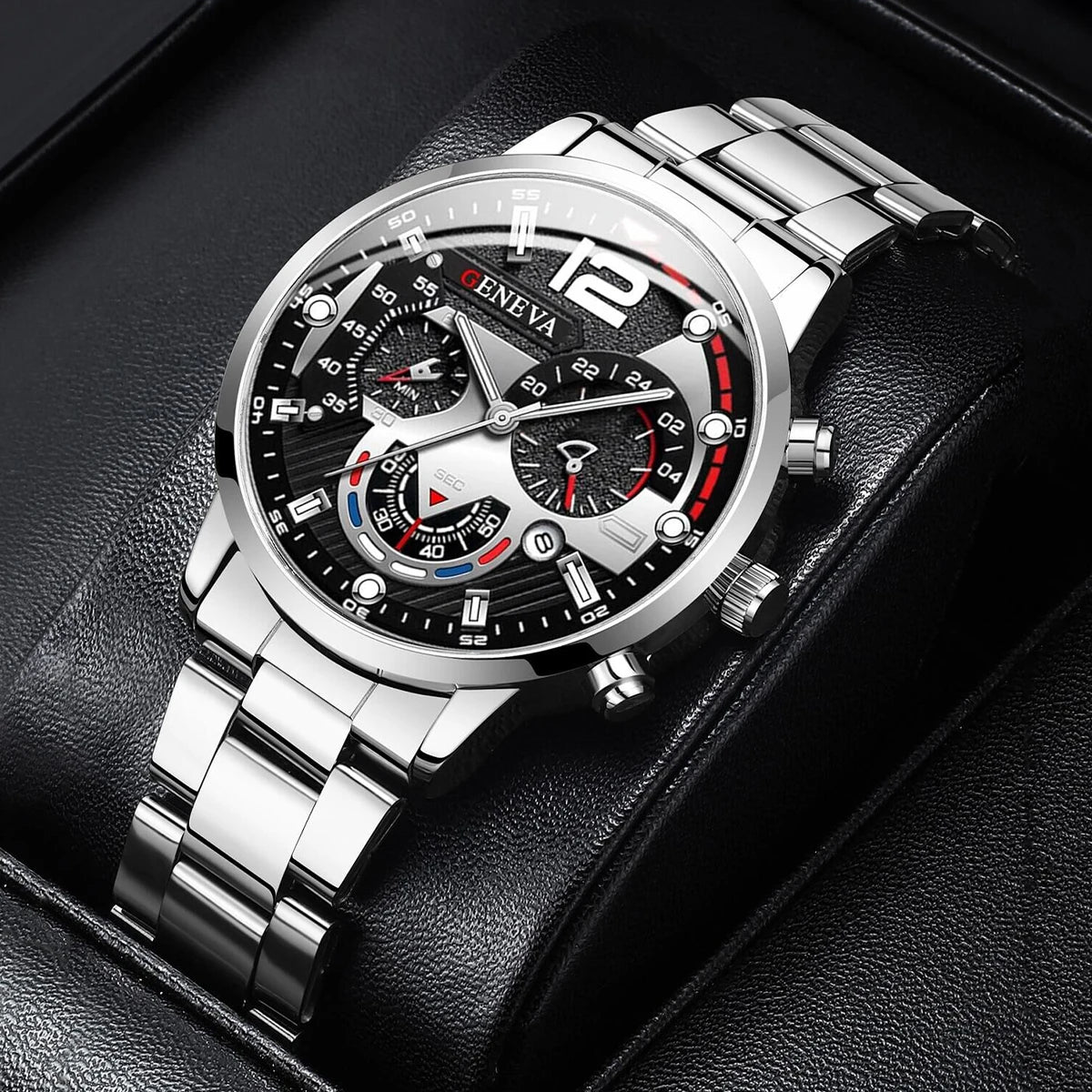 Men's Stainless Steel Analog Quartz Watch with Calendar - 42mm Case, Folding Clasp