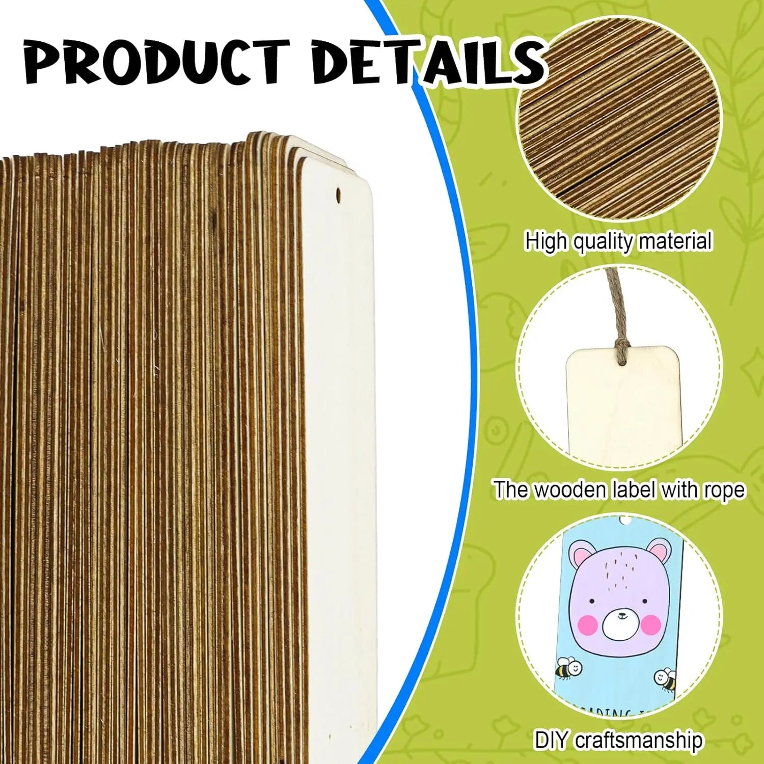 Wooden Blank Bookmarks with Rope — DIY Unfinished Wood Tags (10/20/40/60 Pack)