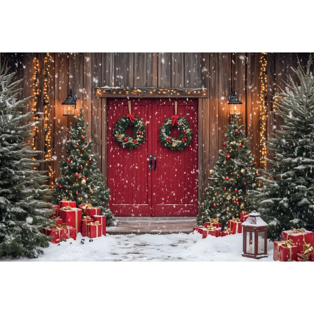 Christmas Photography Backdrop - Red Curtain & Window Scene with Snowy Bear and Gifts for Kids & Family Portraits