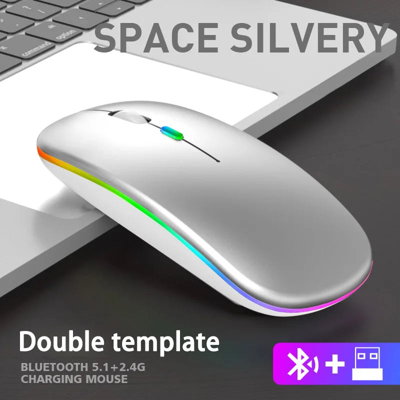 Rechargeable Bluetooth & 2.4GHz Wireless Mouse — Silent Click, RGB, Ergonomic, USB-C Charging for PC Mac iPad Laptop Phone TV