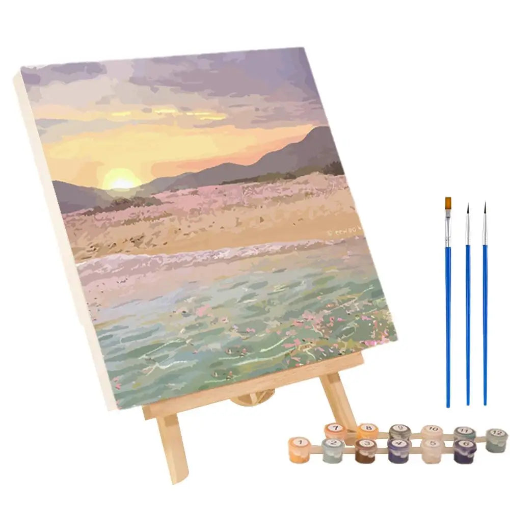 Framed Paint by Numbers Kit - Abstract Sunset Landscape, 20 x 20 cm (7.9 x 7.9 in) Canvas | DIY Gouache Painting Kit for Home Decor