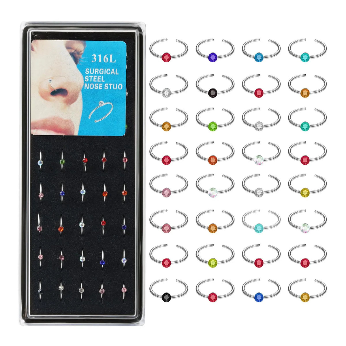 40/60-Piece Crystal 316L Stainless Steel Nose Piercing Kit - Straight L Studs & Helix Body Jewelry