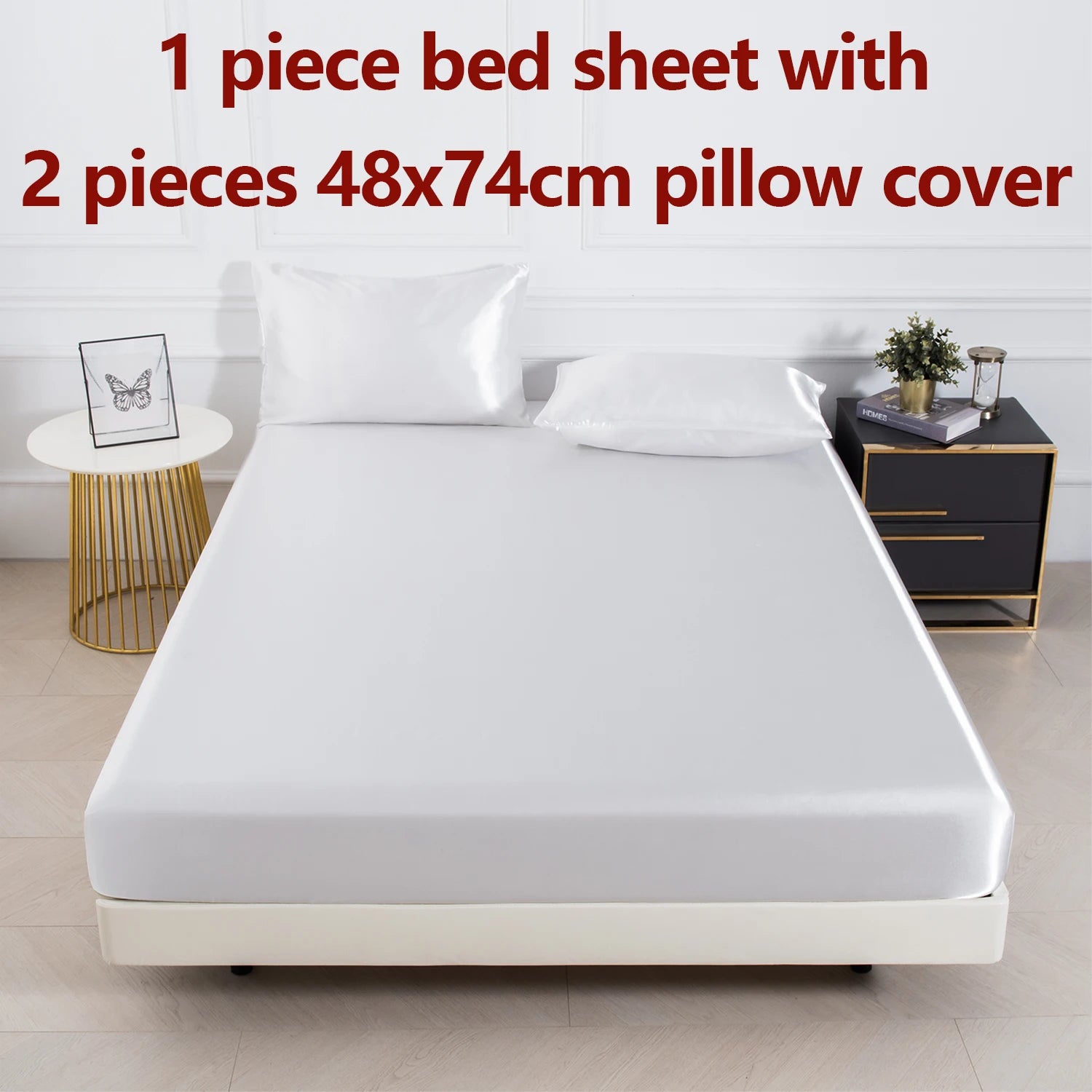 Satin Fitted Sheet Set 3-Piece (1 Fitted Sheet + 2 Pillowcases) Soft Breathable Solid Color Bedding