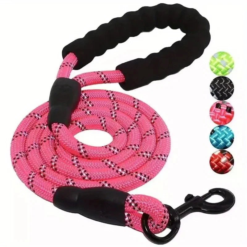 Reflective Padded Handle Dog Leash — Heavy-Duty Double Traction Rope for Strong Dogs with Metal Clip