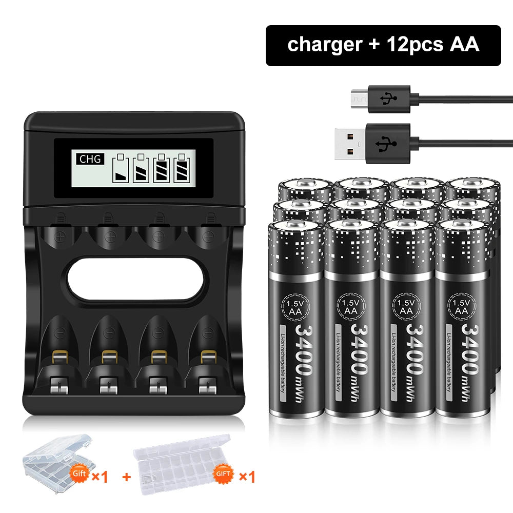 Rechargeable AA 1.5V Li-Ion Battery 3400 mWh (≈2267 mAh) Long-Lasting Power for Clocks, Wireless Mice and Toys