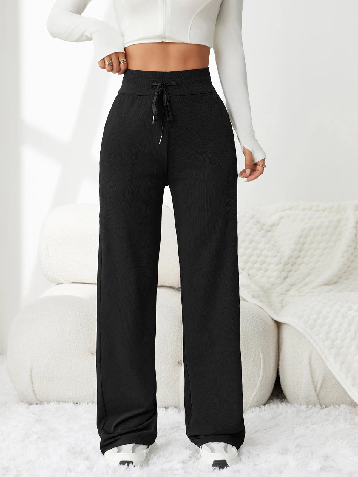 Women's High-Waist Drawstring Striped Pants, Slim Stretch Knit Pencil Pants for Yoga & Casual Wear