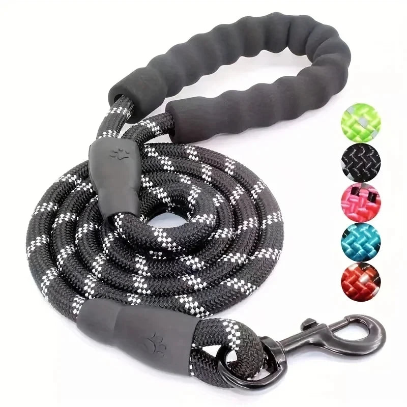 Reflective Padded Handle Dog Leash — Heavy-Duty Double Traction Rope for Strong Dogs with Metal Clip