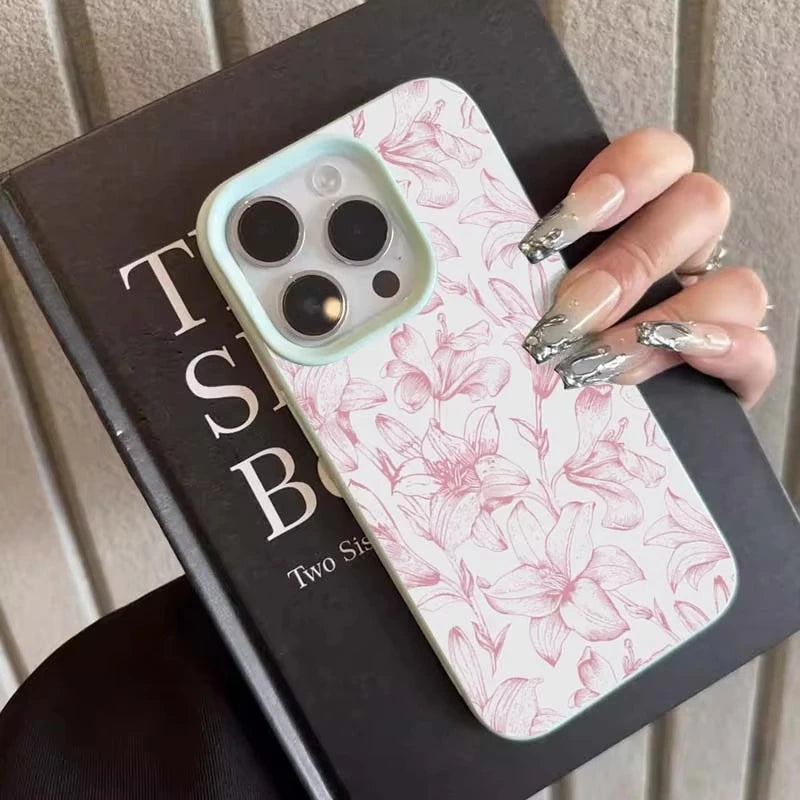 Pink Lily Floral Leather-Texture Shockproof Bumper Phone Case for iPhone - Anti-Drop Anti-Fingerprint