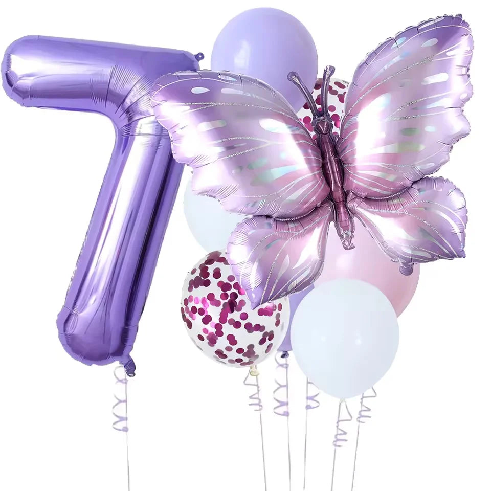 10-Pack Purple Butterfly & Number Foil Balloon Set 32-inch (81 cm) Party Decorations for Baby Shower, Birthday, Wedding, Christmas