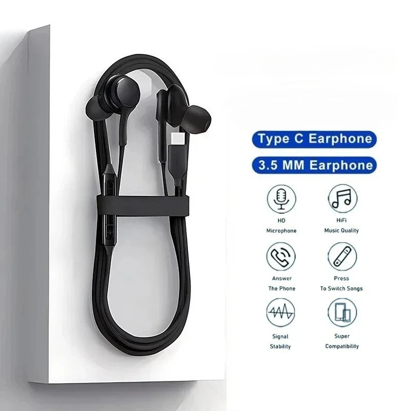 USB-C & 3.5mm Wired In-Ear Earphones, Lightweight Stereo Earbuds for Phones, Tablets & Laptops