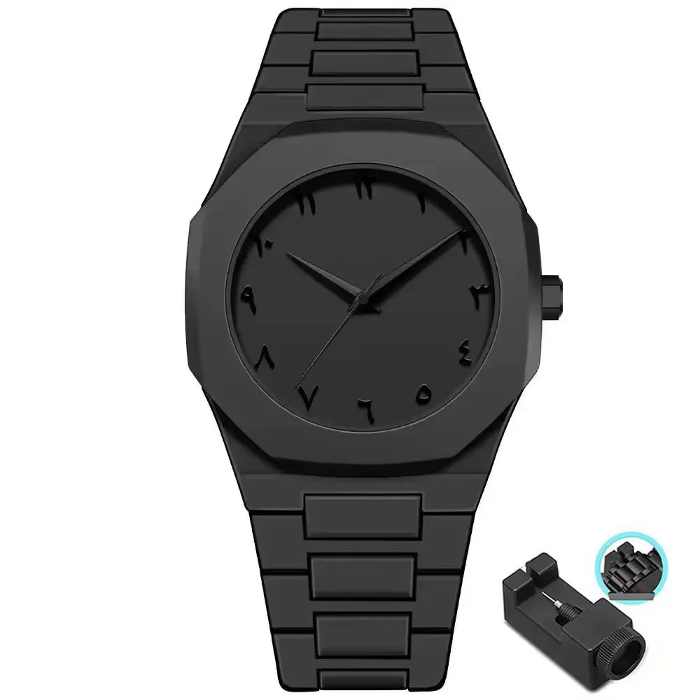 Men's Minimalist Black 38mm Quartz Watch, Large Dial with Polycarbonate Strap & Butterfly Clasp, 3ATM Water-Resistant