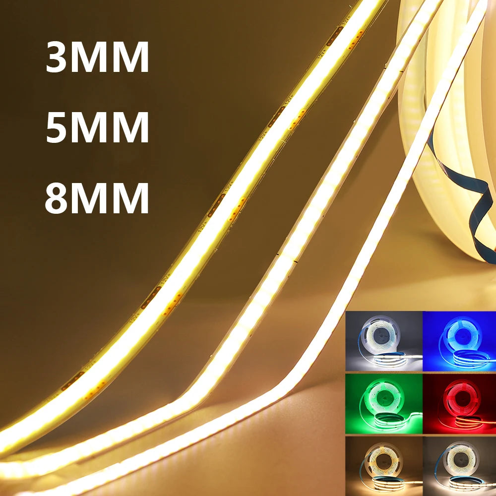 COB LED Strip Light 320 LEDs/m – 3/5/8mm PCB (0.12/0.20/0.31in), 5V/12V/24V, Flexible Tape 0.5–5m (1.6–16.4 ft), Warm/Natural/Cool White + RGB