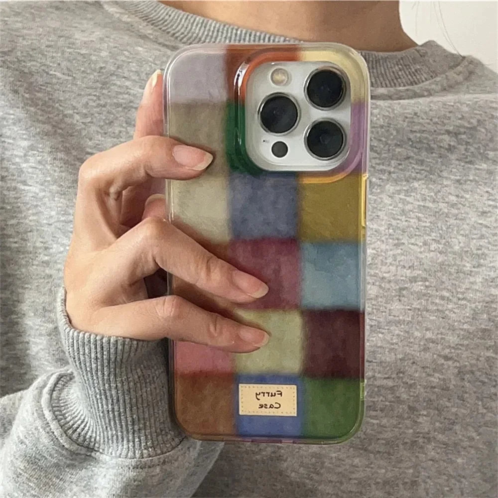 Dopamine Colorblock Plaid Full-Coverage Shockproof Phone Case – Patterned Protective Cover