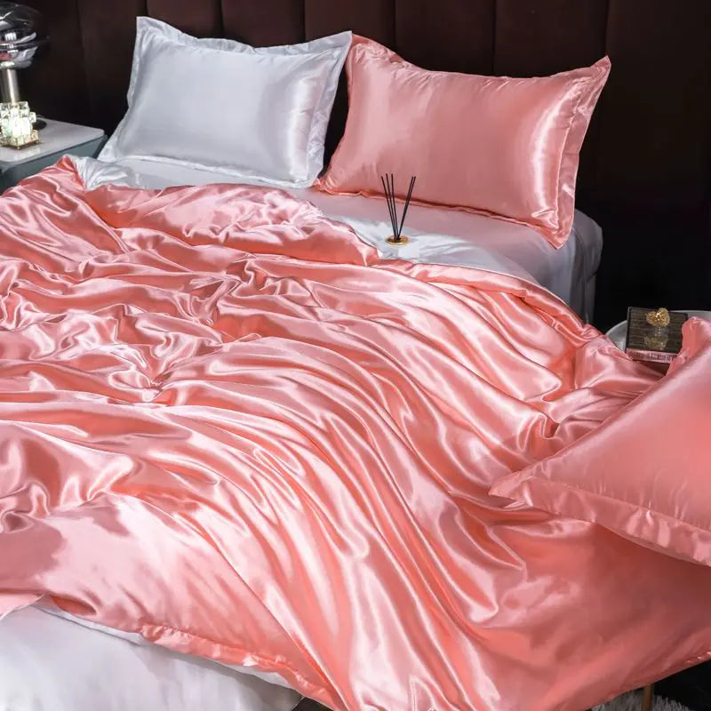 Ice Silk Satin 4-Piece Duvet Cover Set – Silky Solid Color Bedding (Duvet Cover + 2 Pillowcases + Sheet), Fits 1.5–2.2 m (5–7 ft) Beds