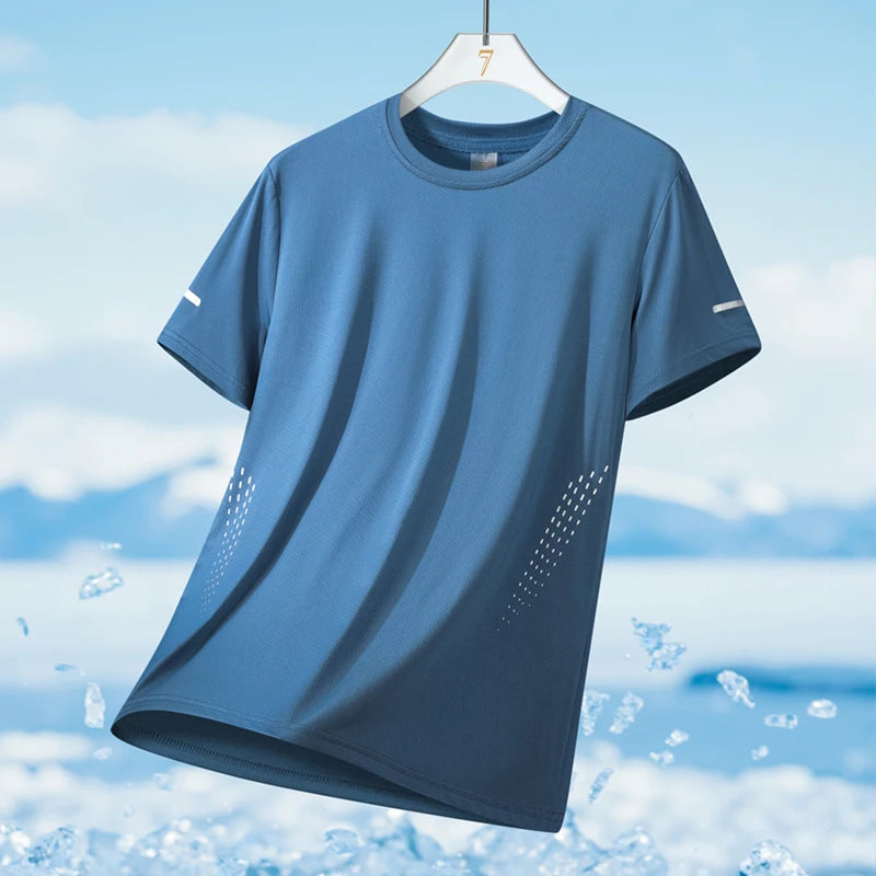 Men's Running T-Shirt Ice Silk Quick-Dry Breathable Mesh Short Sleeve Athletic Tee with Reflective Print
