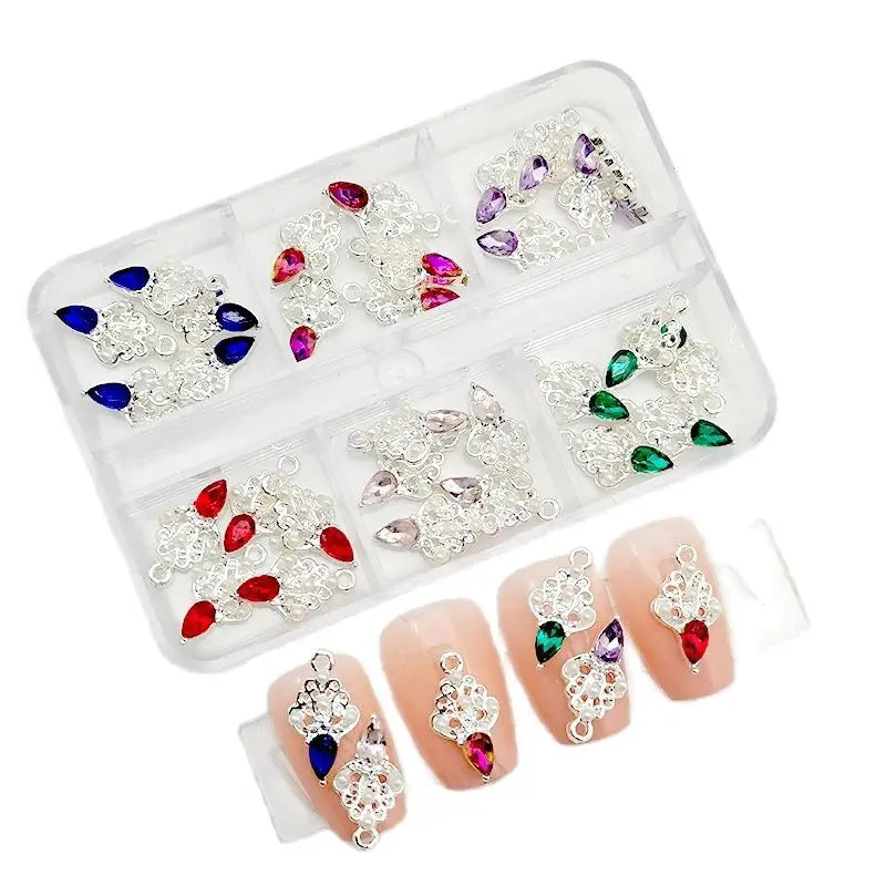 6-Grid Nail Rhinestone Kit – Saturn, Planet & Cross Crystal Nail Charms for Nail Art