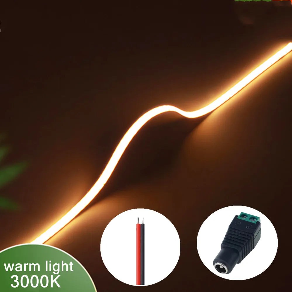 3mm (0.12in) Ultra-Thin COB LED Strip Light 12V – 400 LEDs/m Dimmable High-Density Flexible Tape, 3000K/4000K/6000K & Multicolor