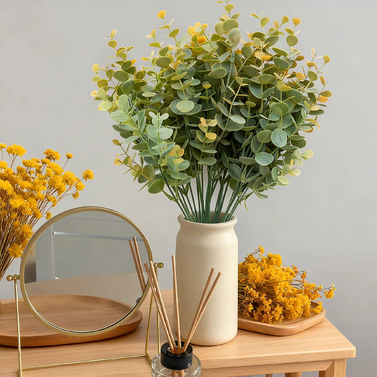 Artificial Rose & Eucalyptus Stem – 13.4 in (34 cm) Faux Flower Branch for Home, Wedding, Bridal & Party Decor