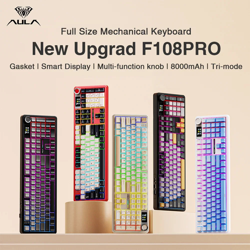 108-Key Wireless Bluetooth Gaming Keyboard Full-Size — Gasket-Mount Hot-Swappable with TFT Smart Display, RGB, Macro Knob, 8000mAh Battery
