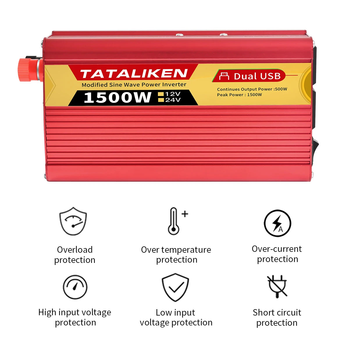 2000W Car Power Inverter 12V DC to 110V/220V AC 60Hz with Dual USB Quick Charge Adapter - Red