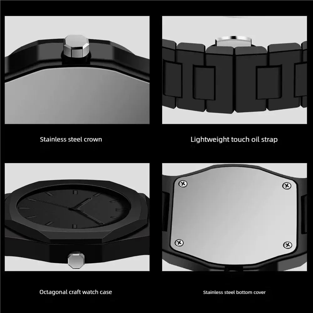 Men's Minimalist Black 38mm Quartz Watch, Large Dial with Polycarbonate Strap & Butterfly Clasp, 3ATM Water-Resistant