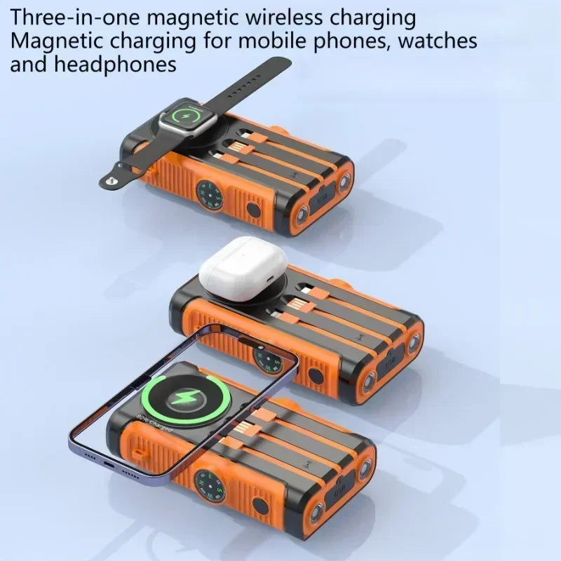 FanzyMarket 20,000mAh solar power bank with magnetic wireless charging, built-in cables, flashlight, USB-C and Lightning outputs.