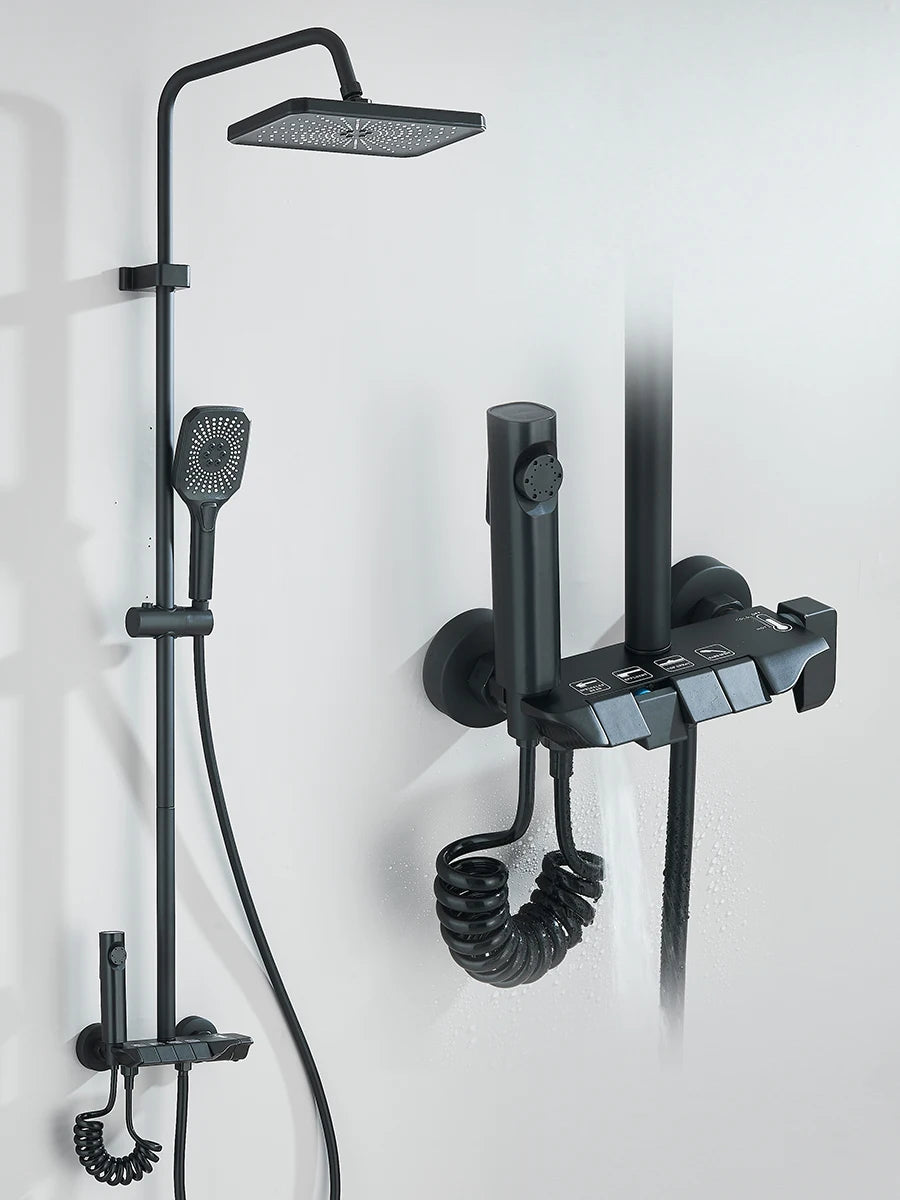 4-Way Piano Shower System with 16 in (400 mm+) Rain Shower & Bidet Faucet Hot/Cold Mixer Bathroom Kit