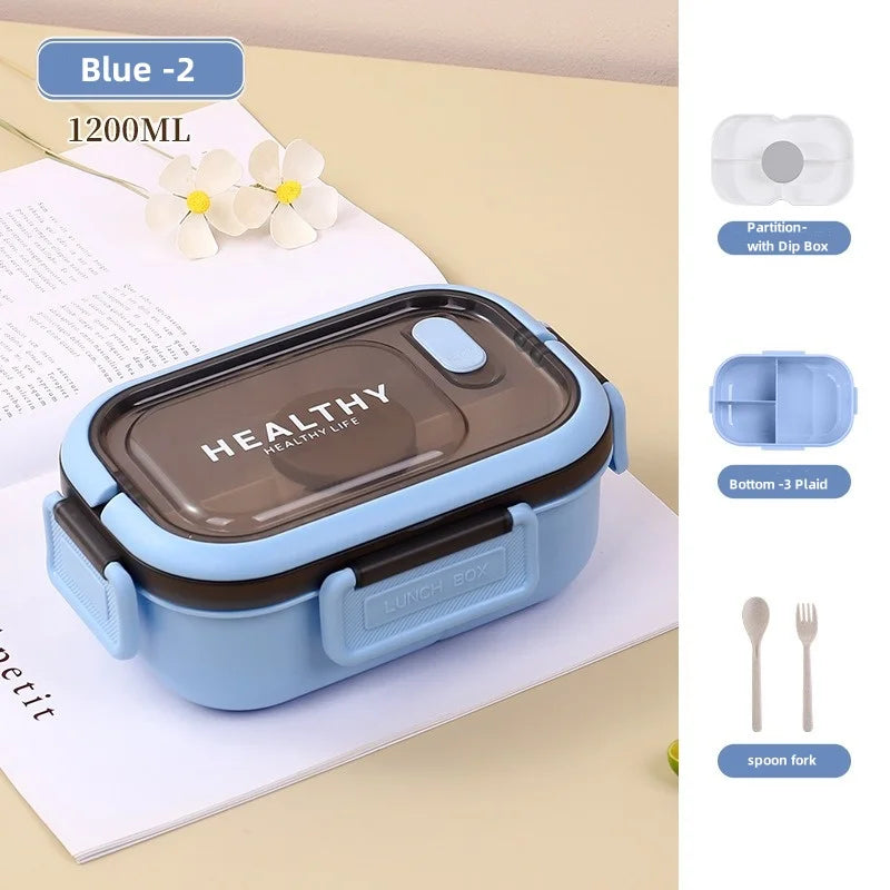 1200ml (1.2L / 40.6 fl oz) Double Layer Leakproof Microwaveable Lunch Box with Fork and Spoon - Portable Compartmental Bento Box for Picnic & Meal Prep