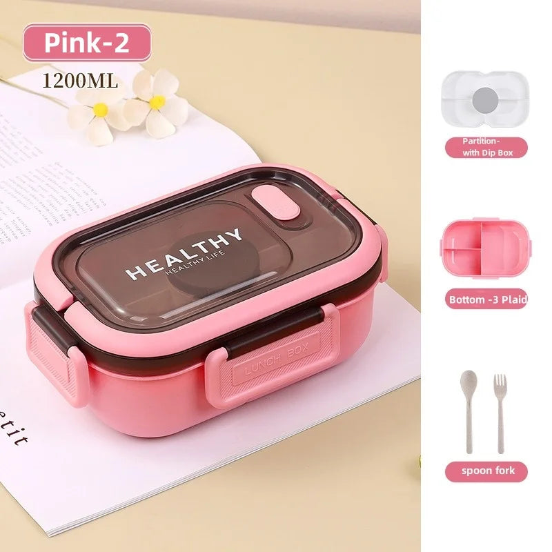 1200ml (1.2L / 40.6 fl oz) Double Layer Leakproof Microwaveable Lunch Box with Fork and Spoon - Portable Compartmental Bento Box for Picnic & Meal Prep