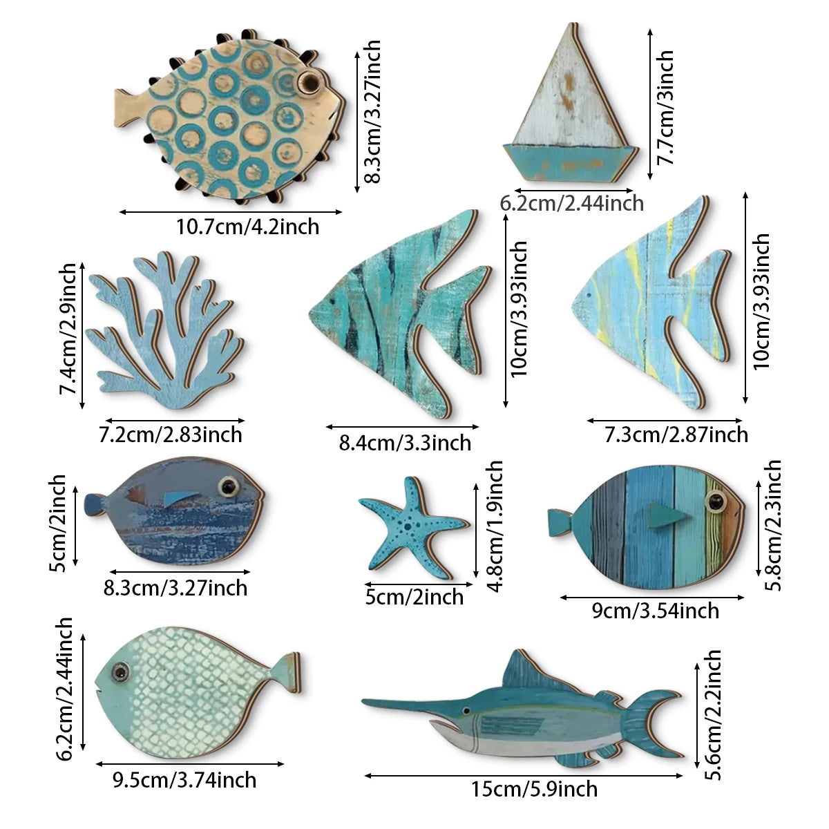 Handcrafted Wooden Ocean Wall Decor Set, Coastal Fish Coral Starfish & Sailboat Wall Art for Home and Bathroom