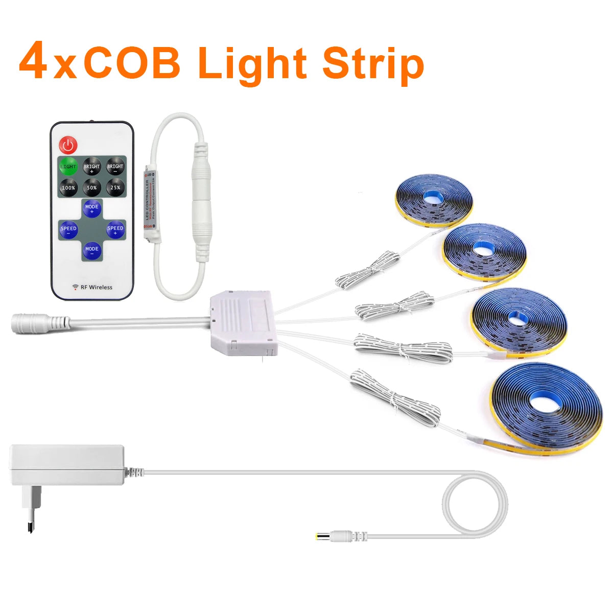 Dimmable COB LED Strip Light 12V DC (EU Plug) with RF Remote, Under-Cabinet & Cabinet Lighting