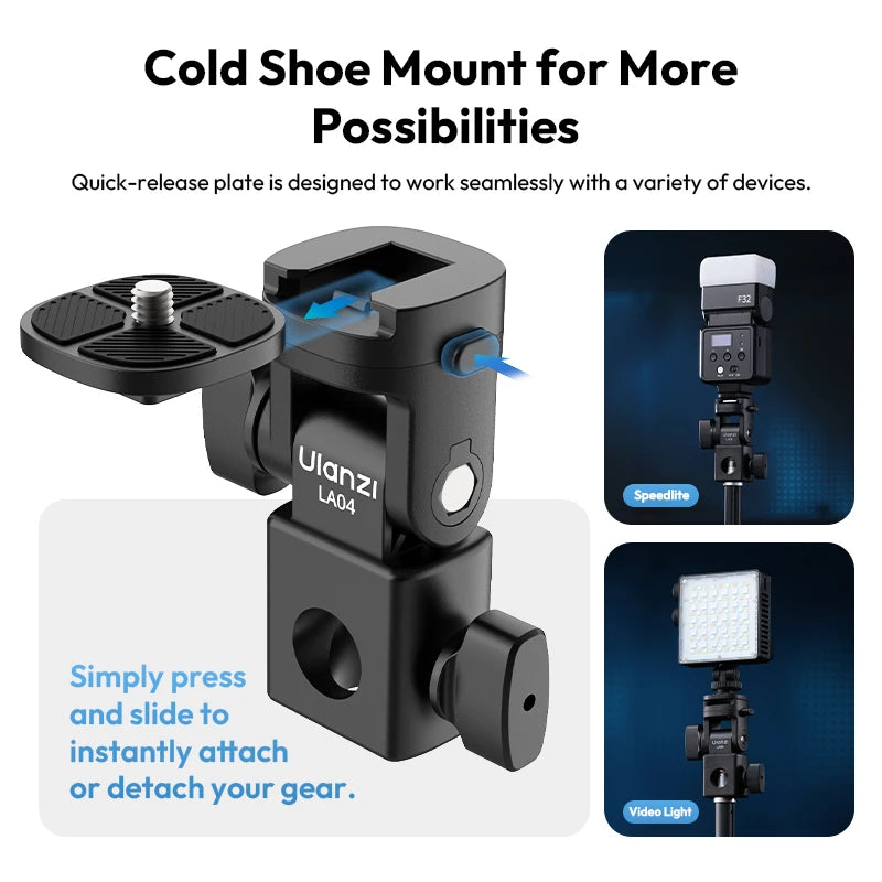 Light Stand Adapter with 1/4-Inch (6.35 mm) Mount and Cold Shoe Quick-Release Plate for Phone Stands, Cameras & Video Fill Lights