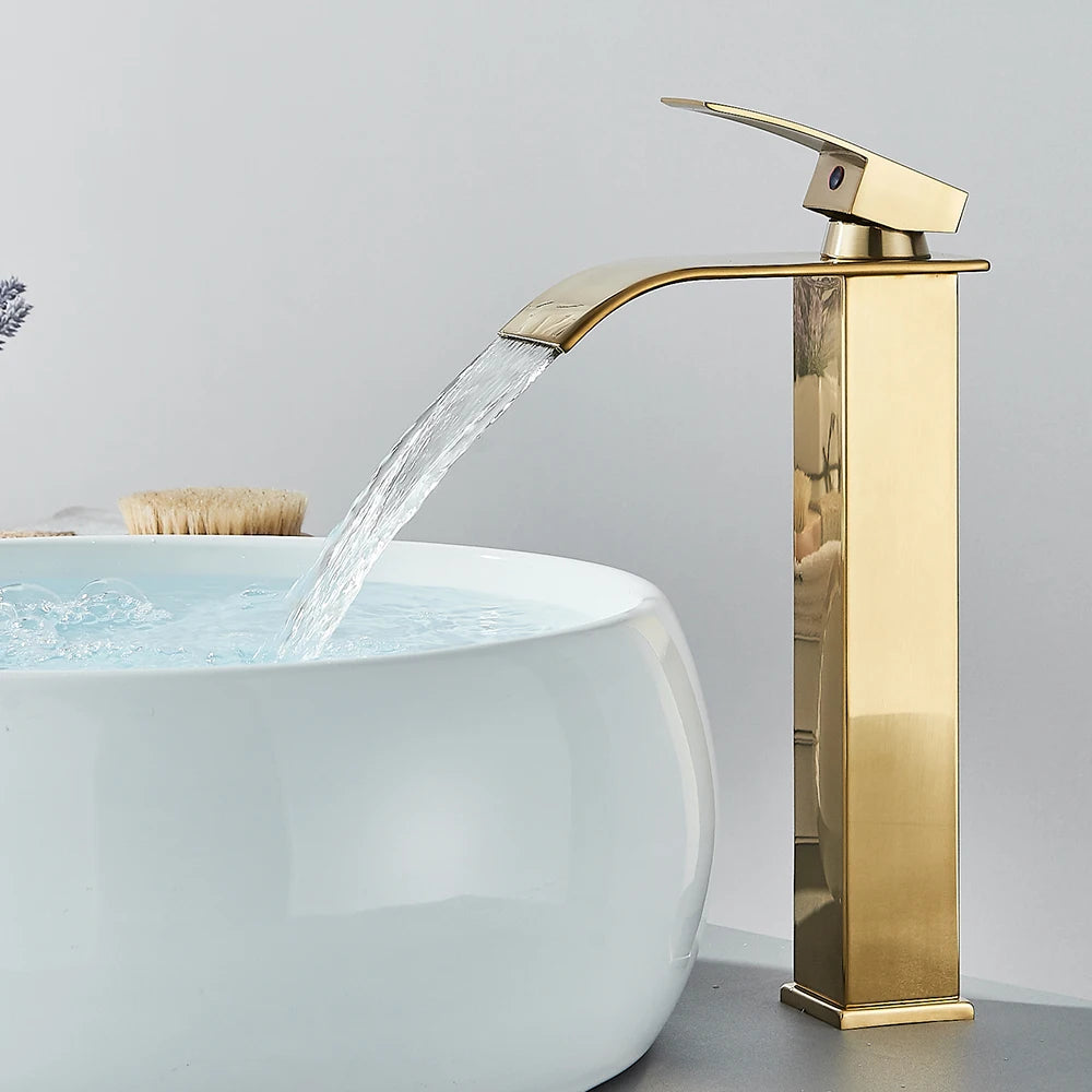Matte Black Waterfall Basin Faucet - Single-Handle Mixer Tap for Bathroom Sink (Deck-Mounted, Hot & Cold)