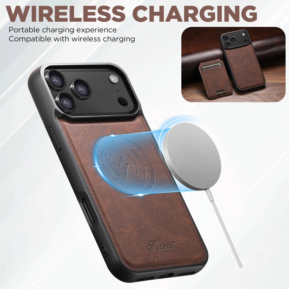 Magnetic Wireless Charging Wallet Phone Case – Faux Leather Card Holder & Stand for iPhone (Multiple Models)