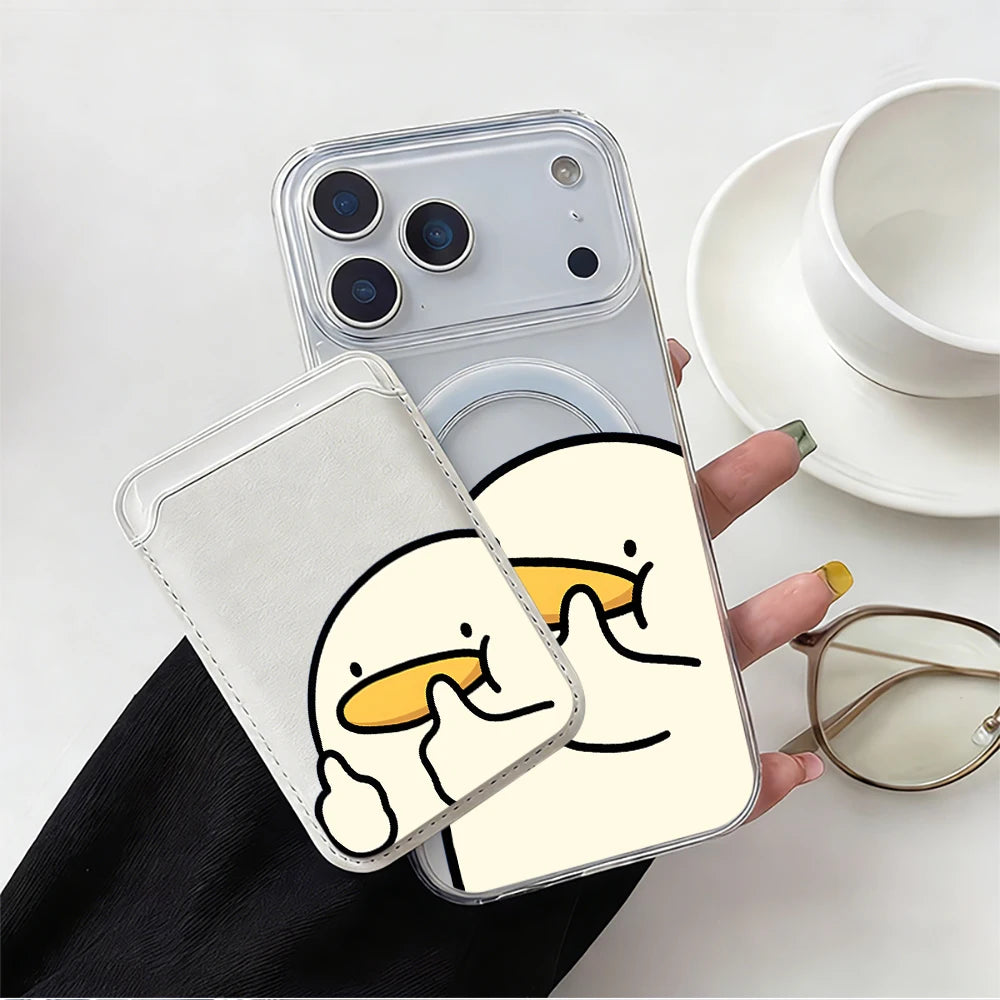 Cartoon Duck MagSafe-Compatible Clear Phone Case with Magnetic Leather Card Holder