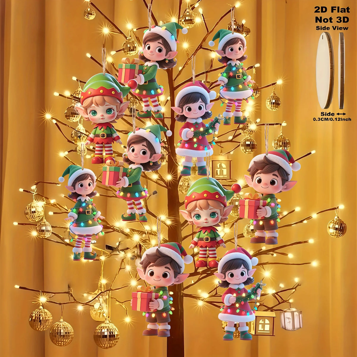 10-Pack Wooden Elf Ornaments - 2D Hanging Christmas Tree Decorations, Flat Elf Holding Gift Pendants for Holiday Party & Home Décor