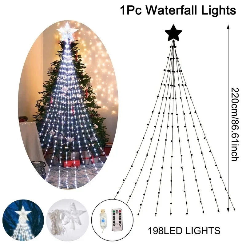 Pentagram Waterproof 2.2M (7.2 ft) 198-LED Waterfall Fairy String Lights USB/Battery Powered for Christmas Tree Patio Camping