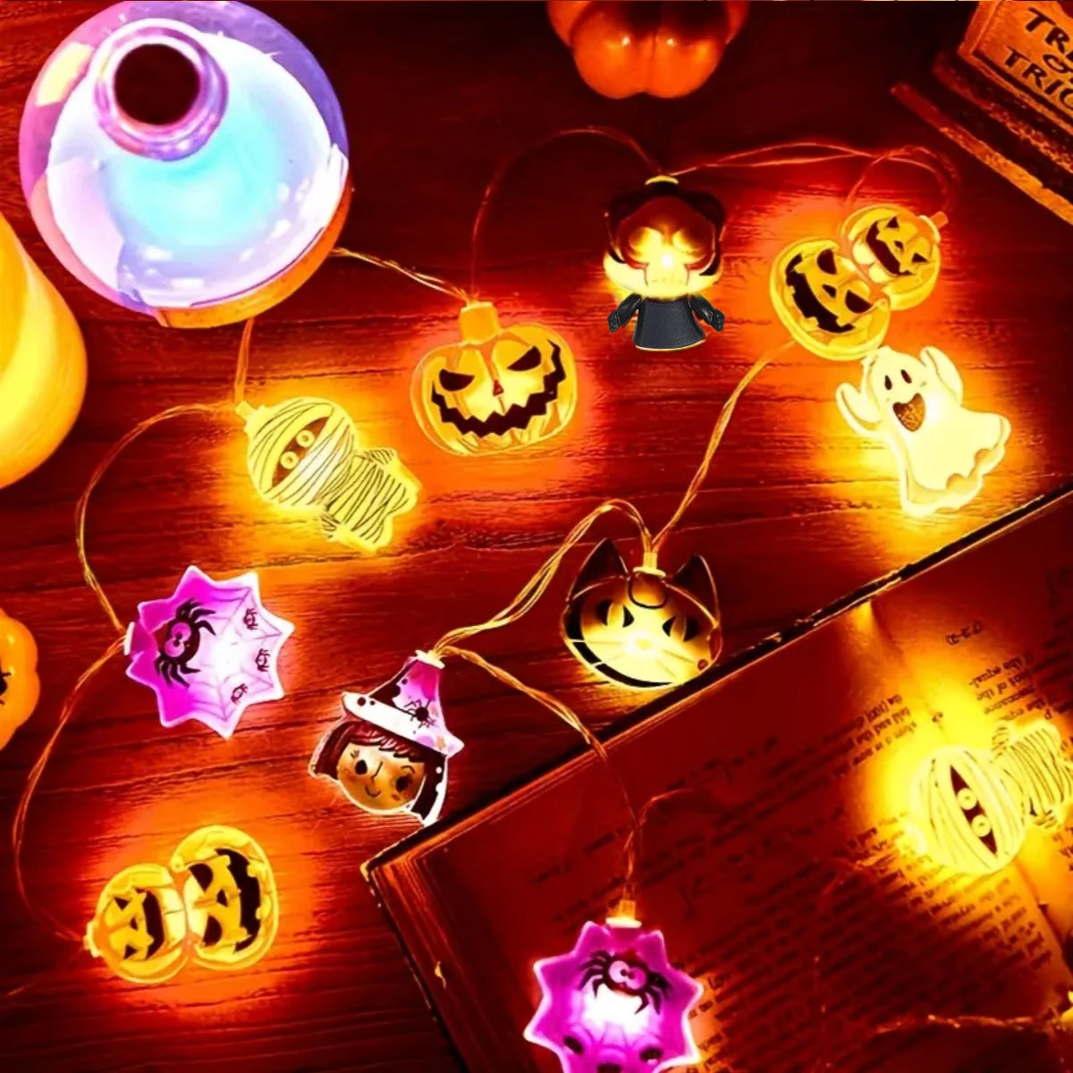 10/20/30 LED Halloween String Lights – Pumpkin, Bat, Ghost, Cat, Spider, Pirate, Witch & Mummy Shapes, Battery-Powered Indoor Outdoor Decor