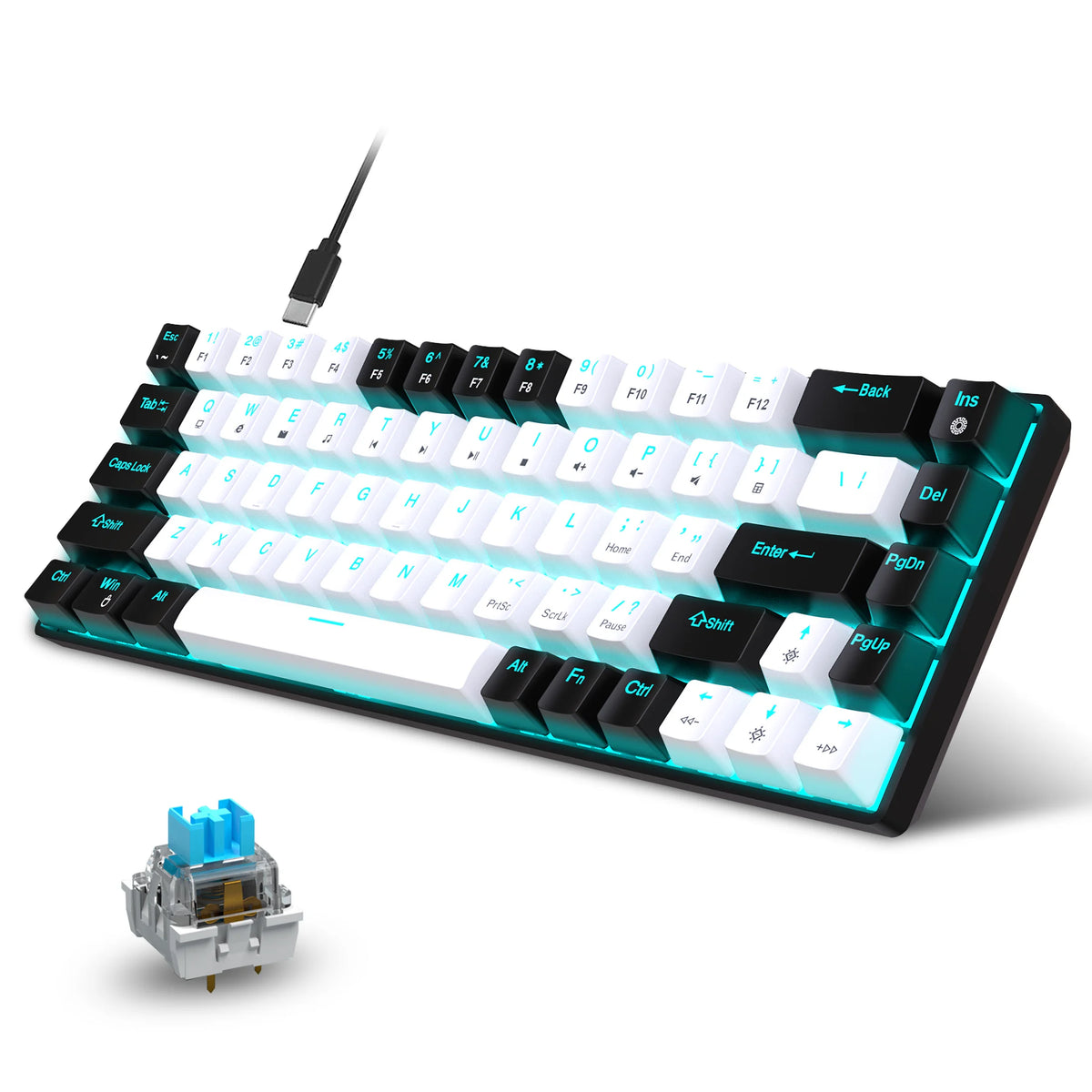 68-Key Hot-Swappable Mechanical Keyboard — Blue Switch Compact Wired Gaming Keyboard with Ice Blue Backlight for PC Laptop Office
