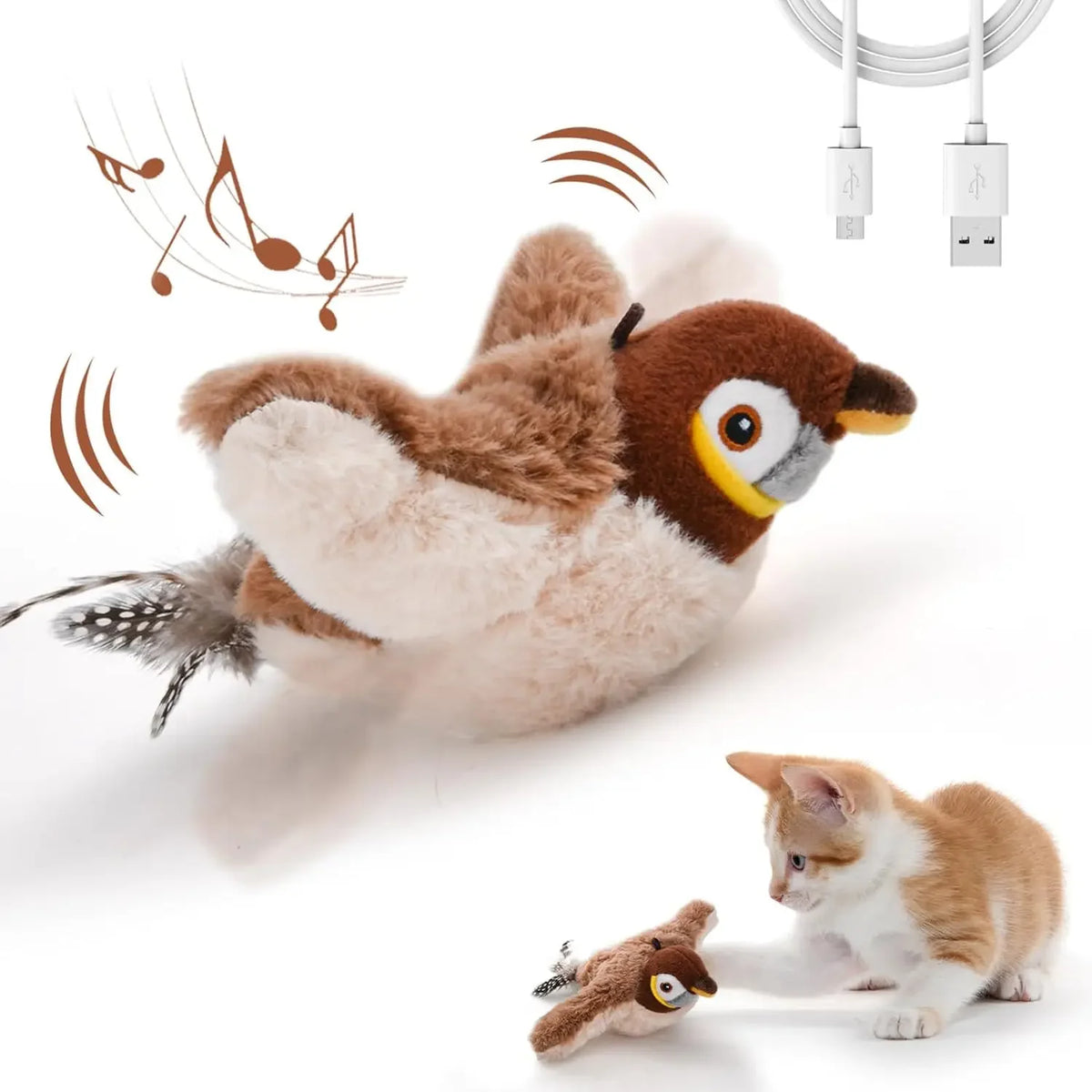 Rechargeable Interactive Cat Toy, Chirping Flapping Plush Bird with Catnip — Touch-Activated for Indoor Cats