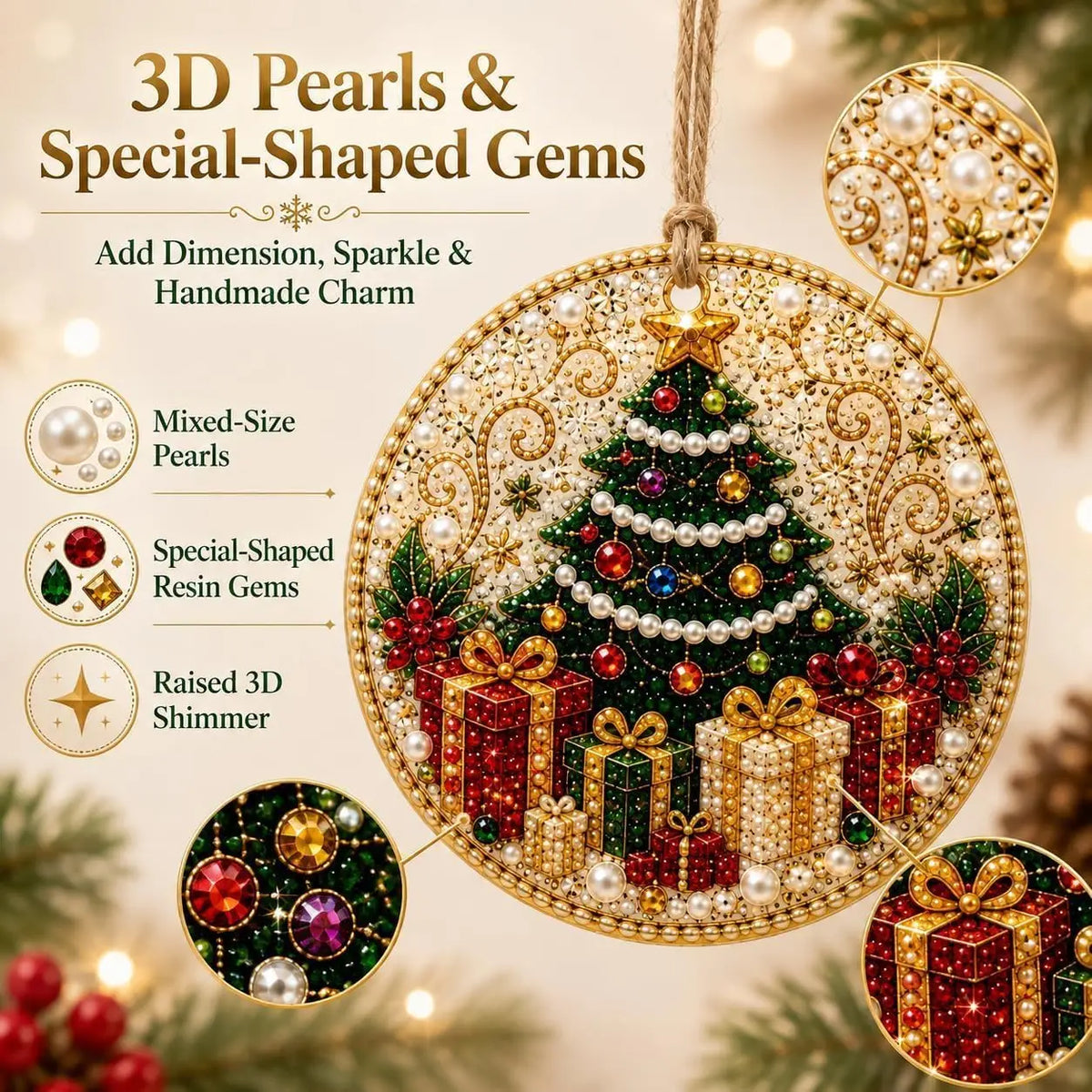 6-Pack DIY Pearl & Diamond Christmas Ornaments with Jute Twine, Hanging Holiday Decorations