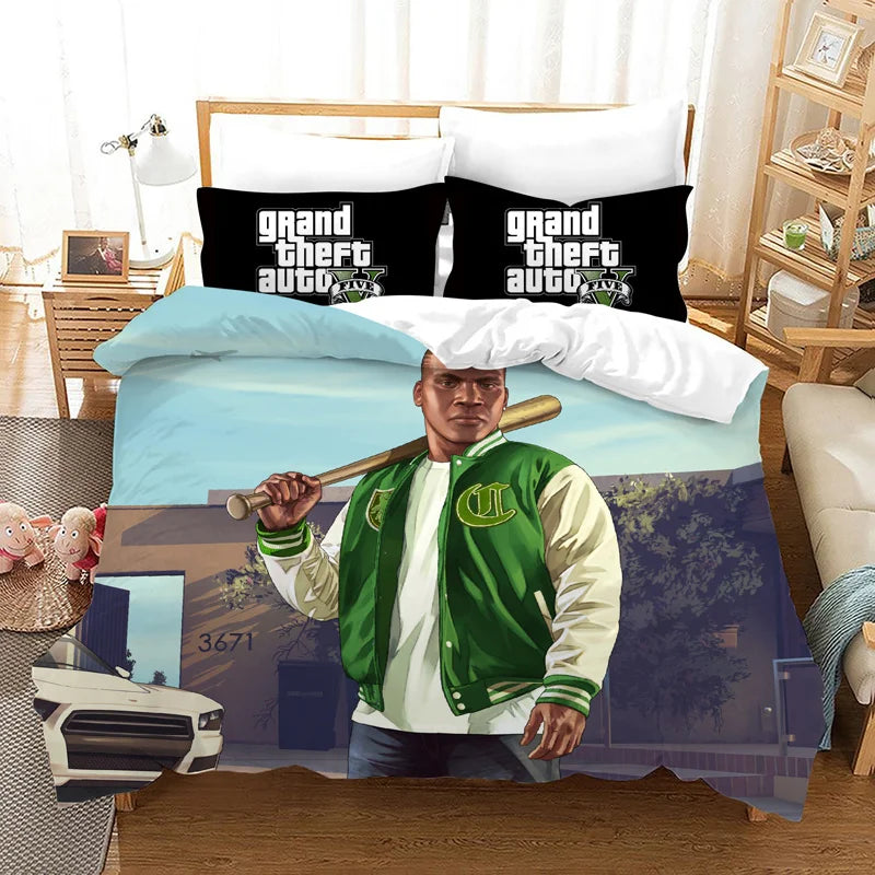 GTA V Cartoon 3-Piece Bedding Set — Printed Duvet Cover & 2 Pillowcases, Twin to King (68×86–104×90 in / 172×218–264×228 cm)