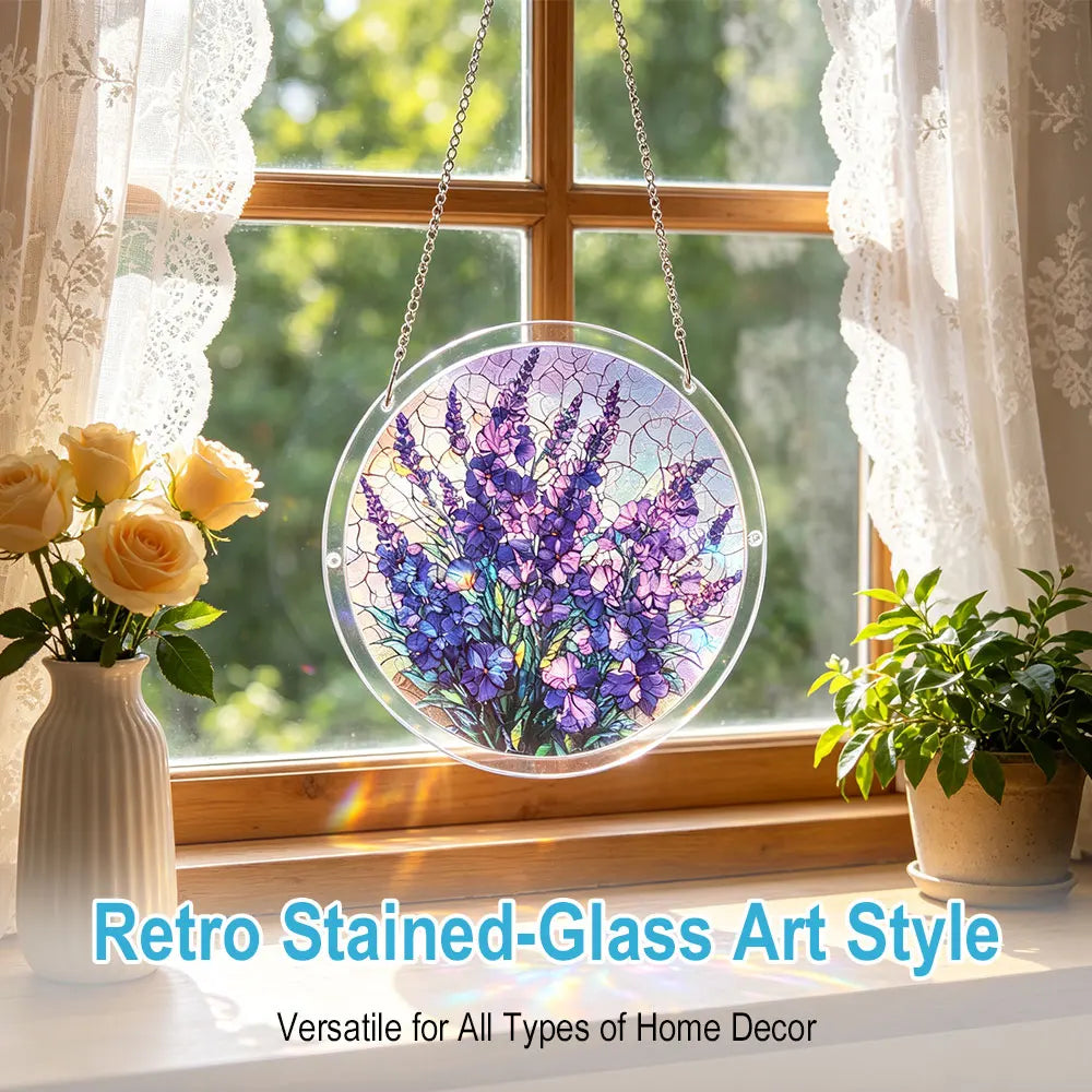 Lavender Acrylic Suncatcher Puzzle — 7.4 in (18.8 cm) Floral Window Hanging Sun Catcher, Home Decor & Gift