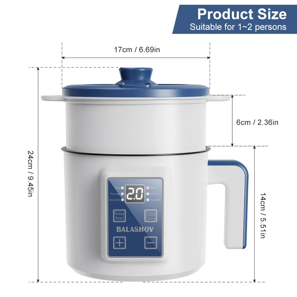 Mini Electric Rice Cooker 1-2 Person Double Layer Non-Stick Steamer Multi Cooker 600W