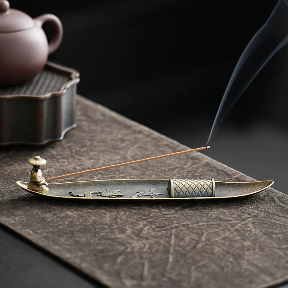 Japanese-Style Boat Fisherman Metal Incense Holder - Aromatherapy Stick Burner & Home Decor