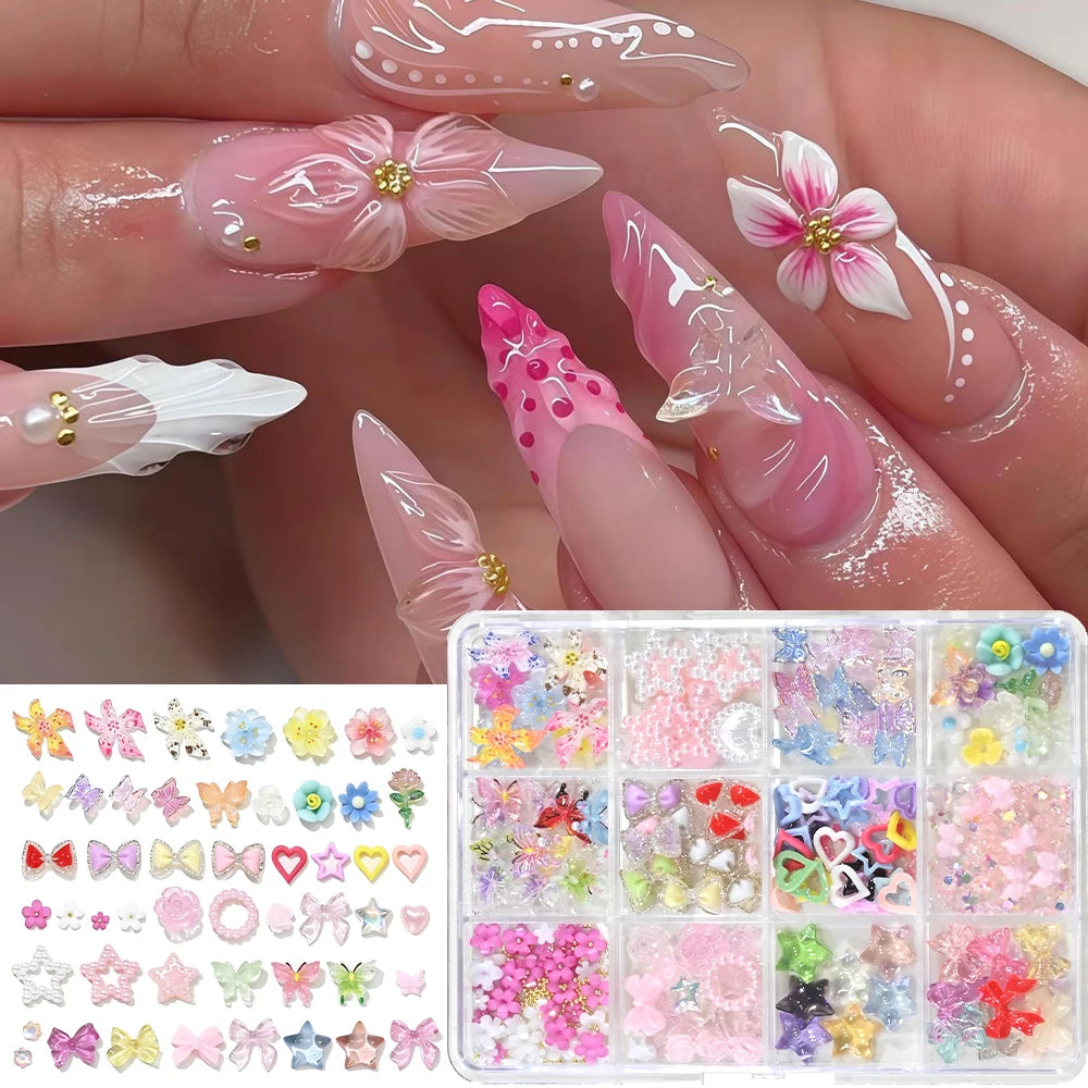 72-Piece 3D Crystal Jelly Nail Charms – Transparent Floral, Leopard & Hibiscus Nail Art Decorations